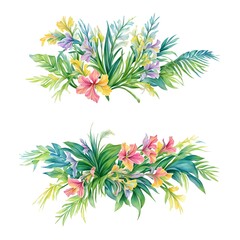 Fototapeta premium Watercolor drawing with Gladiolus and leaves. Mother's Day card. Floral design with Gladiolus flowers. Templates for design, botanical illustration in watercolor style. Generative AI