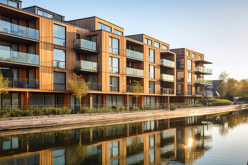 Modern and environmentally friendly apartment buildings built over water. AI generativ.