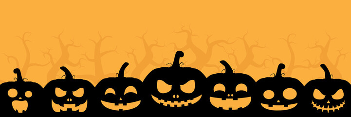 Halloween pumpkin silhouettes with different emotions on orange background. Halloween banner. vector illustration