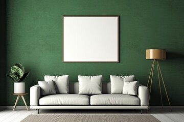 The interior design mock-up depicts a living room with an empty canvas frame against a green wall texture.