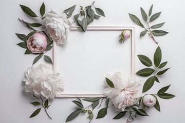 White frame on white background with peonies, flowers and leaves with copy space in the middle, generative AI
