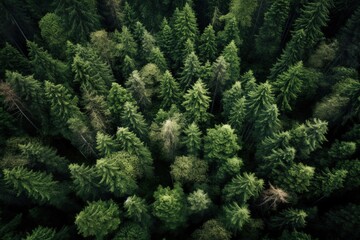 Aerial shot of evergreen coniferous forest, top down view. Generative ai image