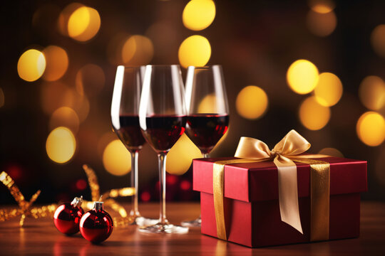 Three glasses of red wine next to a gift box on a table and Christmas balls.