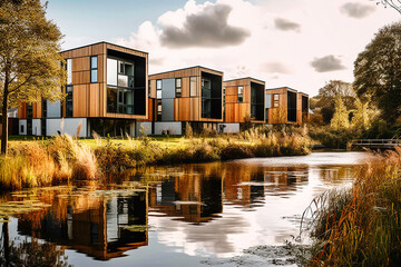 Modern and environmentally friendly apartment buildings built over water. AI generativ.