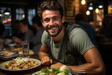 Close-up of a tourist trying traditional cuisine at a local restaurant, tourist, trips Generative AI