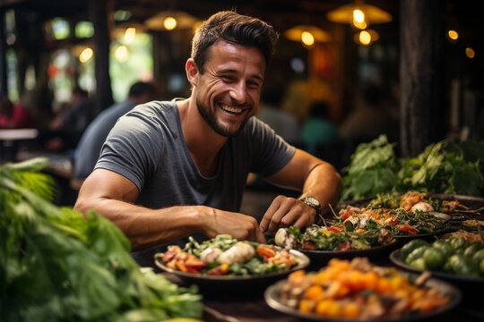 Close-up of a tourist trying traditional cuisine at a local restaurant, tourist, trips Generative AI