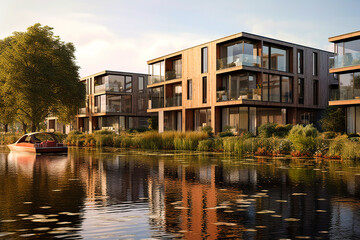 Modern and environmentally friendly apartment buildings built over water. AI generativ.