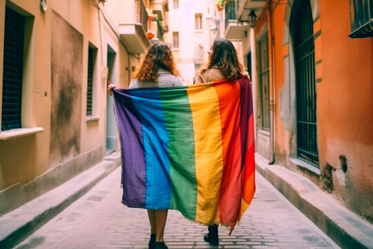 The lisbians are holding a rainbow-coloured flag. AI generative.