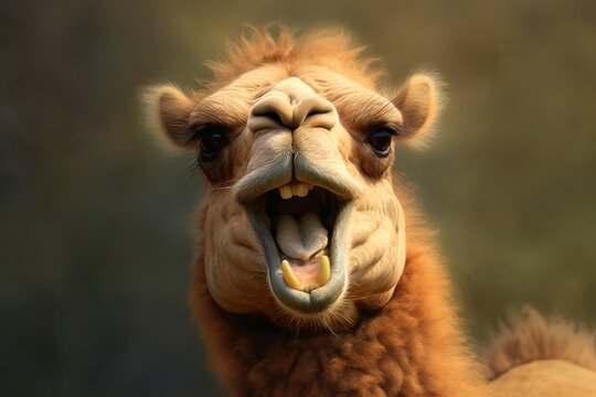 Camel in desert, funny portrait. Generative ai image