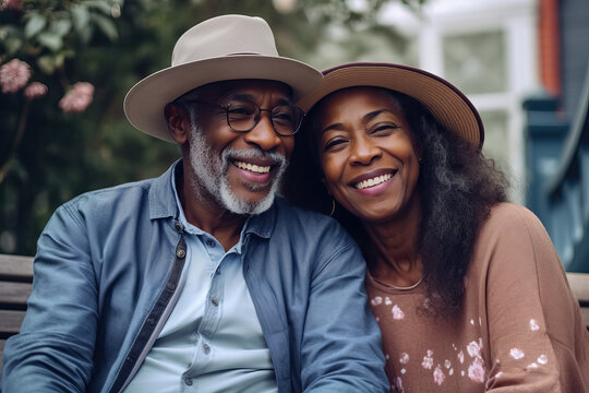 Illustration of black elderly couple sitting on a bench, enjoying a beautiful day together created with Generative AI technology