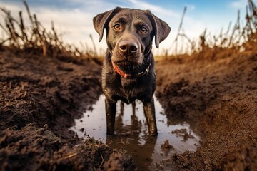 Portrait of happy dirty chocalate labrador dog on the walking.