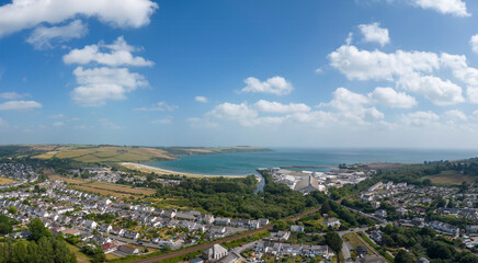 An aerial view looking across the town of Par towards the beach in Cornwall, UK