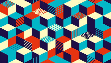 Isometric seamless pattern of cubes. Abstract bright background. Vector illustration.