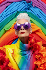 Fototapeta na wymiar Generative AI illustration of a 55-year-old lesbian woman dressed and made up in haute couture with the colors of the rainbow