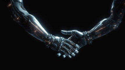 Robot hand shake with human hand on black background,  Generative AI