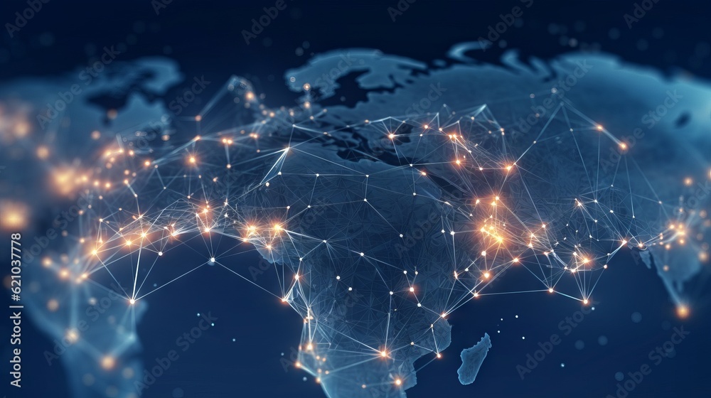 Poster global network connection on world map. technology background. generative ai