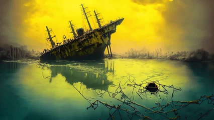 Gordijnen Sunken ship! Yellow Backgrounds, with fantasy theme © amin
