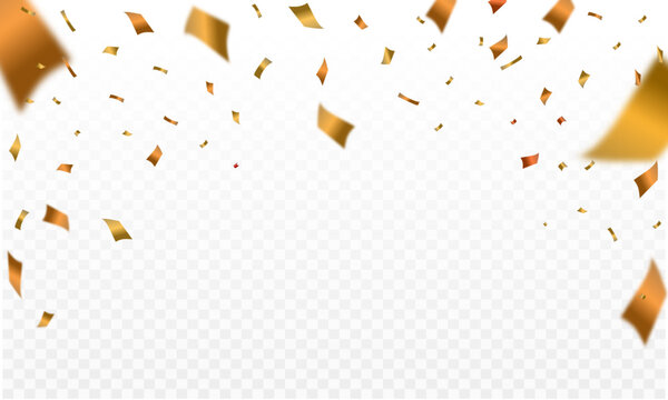 Gold confetti and ribbon background, isolated on transparent background. Vector illustration.	