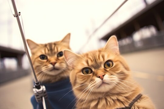 Kitties who are awkward Ones own image. A selfie stick has been installed. A cat couple takes a selfie with their smartphone camera.