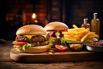 Delicious Cheeseburger and Fries Arranged on Wooden Table at BBQ. Generative AI