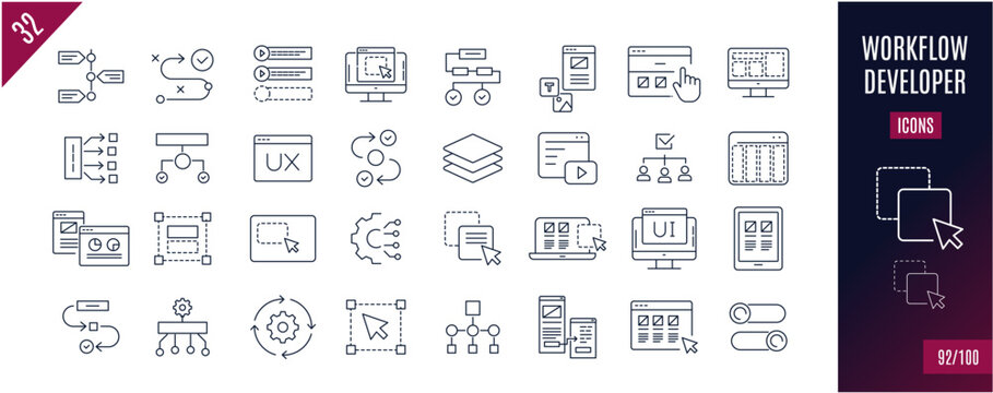 Best collection workflow line icons. Design, developer,..