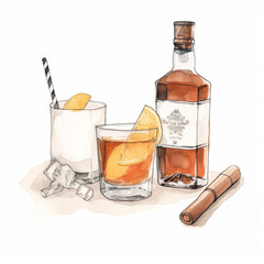 A hand drawn pencil illustration and watercolor painting of whiskey cocktails with a cigar. Isolated on a white background.