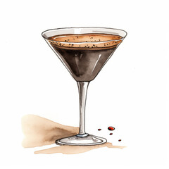 A hand drawn pencil illustration and watercolor painting of an espresso martini with coffee beans. Isolated on a white background.