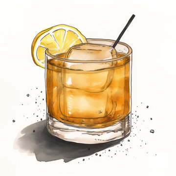 A hand drawn pencil illustration and watercolor painting of a whiskey cocktail with a lemon garnish. Isolated on a white background.