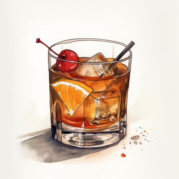 A hand drawn pencil illustration and watercolor painting of a whiskey cocktail with orange and cherry garnishes. Isolated on a white background.