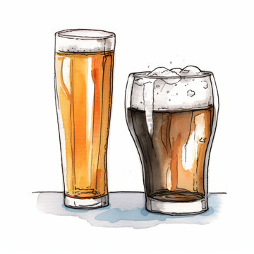 A hand drawn pencil illustration and watercolor painting of draft beers. Isolated on a white background.