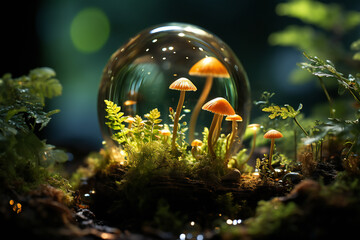 Mushrooms in a glass ball created with Generative AI