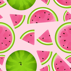 Seamless pattern of green whole watermelon and pieces of sliced on a pink background