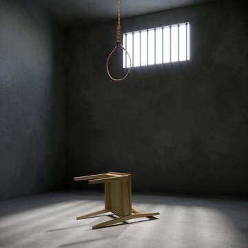 Rope noose and chair in prison cell with light shining through a barred window, 3d rendering of horror concept