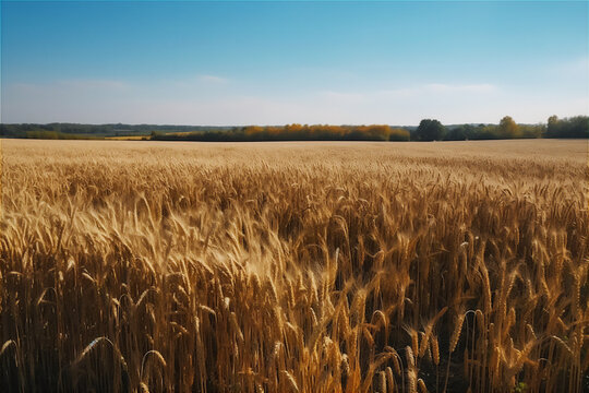 AI generative image of wheat field and blue sky