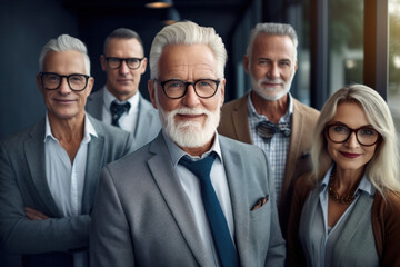 Elderly businessman in glasses and employees staff, corporate portrait. Business team. Generative AI