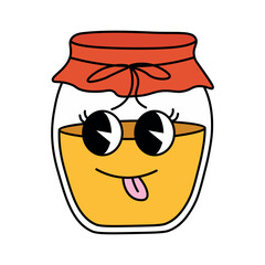 Funny groovy retro clipart glass jar with honey. Honey jar character in 70s cartoon style. Vector illustration isolated on white background
