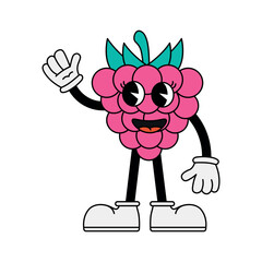 Raspberry character in 70s cartoon style. Funny character in retro style. Vector illustration isolated on white background
