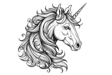 An cute unicorn animation. Line drawing in black and white. to create greeting cards, coloring books, posters, tattoos, and stickers.