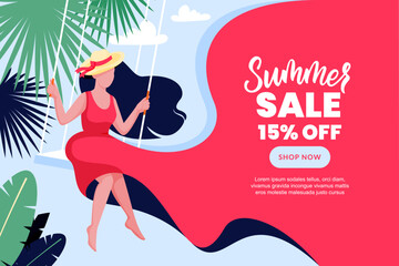 Woman in flowing pink dress sitting on swing. Vector illustration. Summer vacation travel concept. Sale banner template