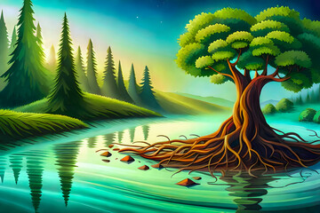 Painting of a large tree in the middle of a small lake, beautiful fantasy landscape, warm sunlight and vibrant colors, large spreading roots, oil painting, watercolor stylized, dreamy 