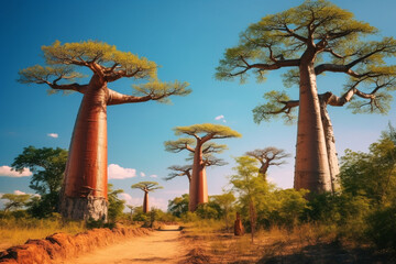 Madagascar african baobabs, national park and savannah, nature, trees and plant, illustration. Generative AI. Forest, savanna, flora, landscape and environment, image