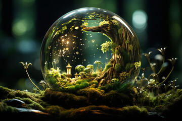 Fantasy landscape in the glass ball created with Generative AI
