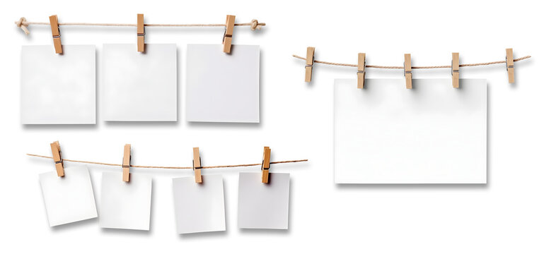 White blank empty paper sheet attached with wooden wood pegs on string on transparent background cutout, PNG file. Mockup template for artwork design. Many assorted different sets varieties