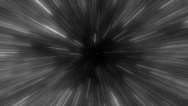 flying through space then entering hyperspace and slowing up. black and white digital speed of light seamless loop animation with stars blurred