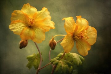 a close-up of two gorgeous yellow blossoms on a hazy background.