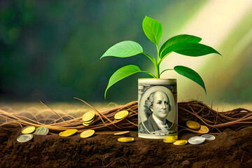 plant growing behind a dollarnote, concept of a growing capital investment, surrounded by golden coins, long roots explore the soil, start-up, flourishing business, development