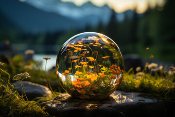 Glass ball with flowers and plants created with Generative AI