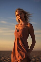 Fototapeta na wymiar Cute girl in an elegant dress on the beach. Created with Generative Ai technology.