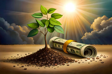 Plant growing next to a roll of dollars, concept finance and accounting, capital investment, bright sun and white clouds in the backround, start-up, acrylic stylized painting 