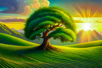 Artistic concept painting of a large tree, beautiful fantasy landscape, warm sunlight and vibrant colors, large spreading roots, fertile brown soil, oil painting, tree of life illustration, 